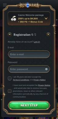 Astromania Casino registration screenshot