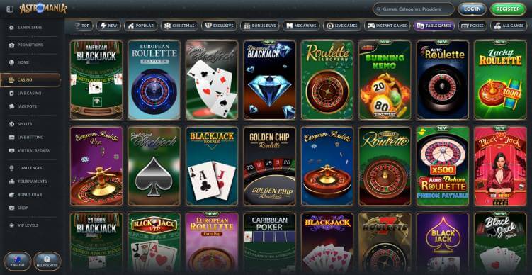 Astromania Casino table games screenshot