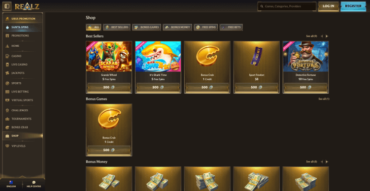 Realz Casino bonus shop screenshot