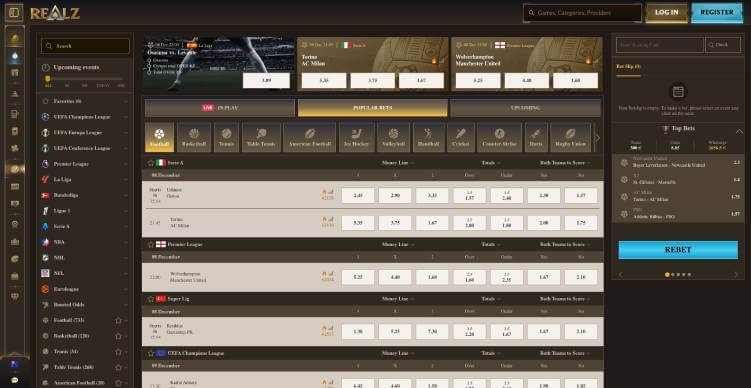 Realz Casino sportsbook screenshot